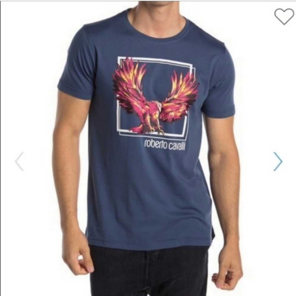 Roberto Cavalli Phoenix Graphic T Shirt Crew Neck Navy Blue Size Medium NWT